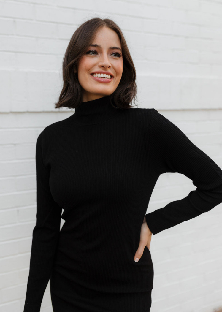 Ribbed Long Sleeve Turtleneck Midi Dress Toffee Ribbed Long Sleeve Turtleneck Midi Dress Toffee