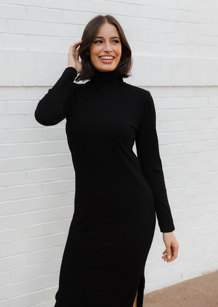 New COS turtleneck outlet long sleeve black topstitched chevron midi dress, size 6