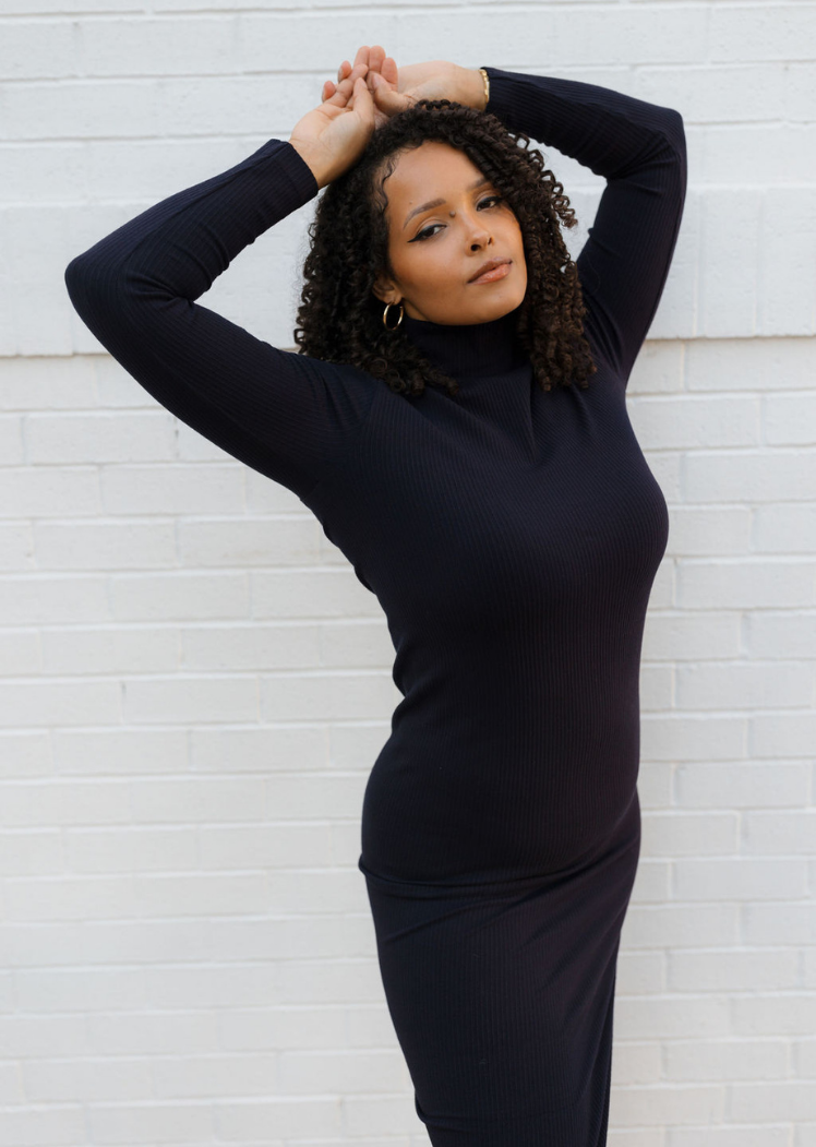 Ribbed Long Sleeve Turtleneck Midi Dress Black Ribbed Long Sleeve Turtleneck Midi Dress Black