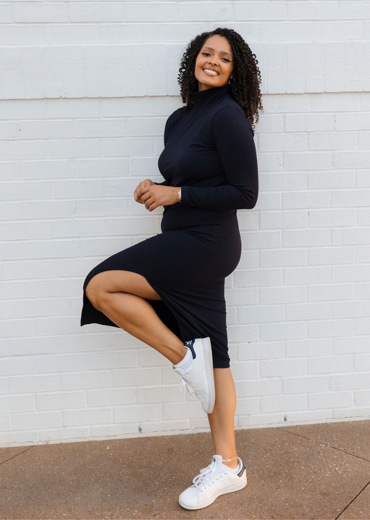 Ribbed Long Sleeve Turtleneck Midi Dress — Navy