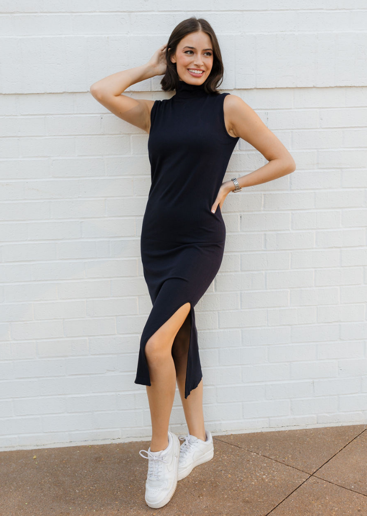 Ribbed Sleeveless Turtleneck Midi Dress Black