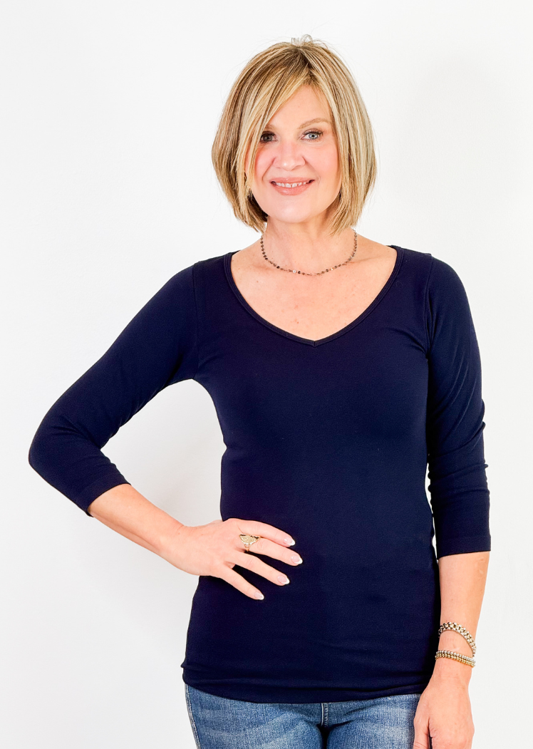 V-Neck | Boatneck Three Quarter Top — Navy / Regular 0-12