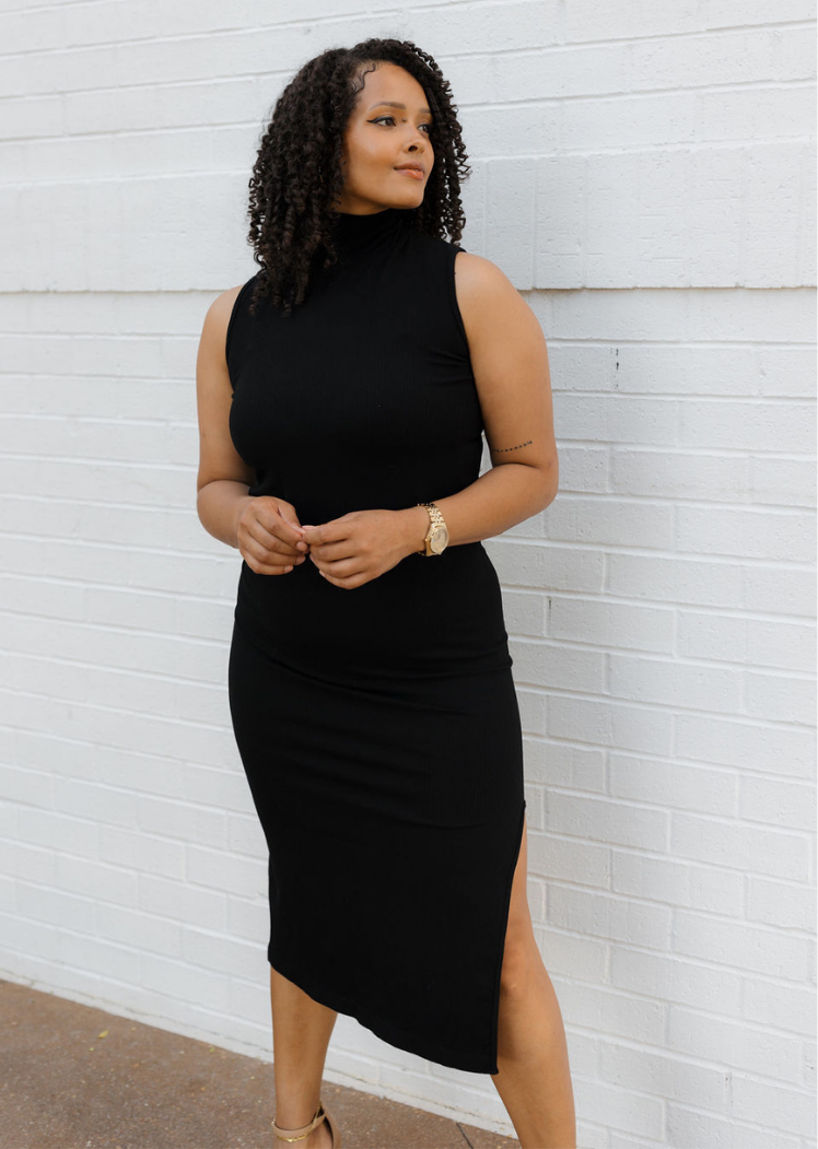 Ribbed Sleeveless Turtleneck Midi Dress Black