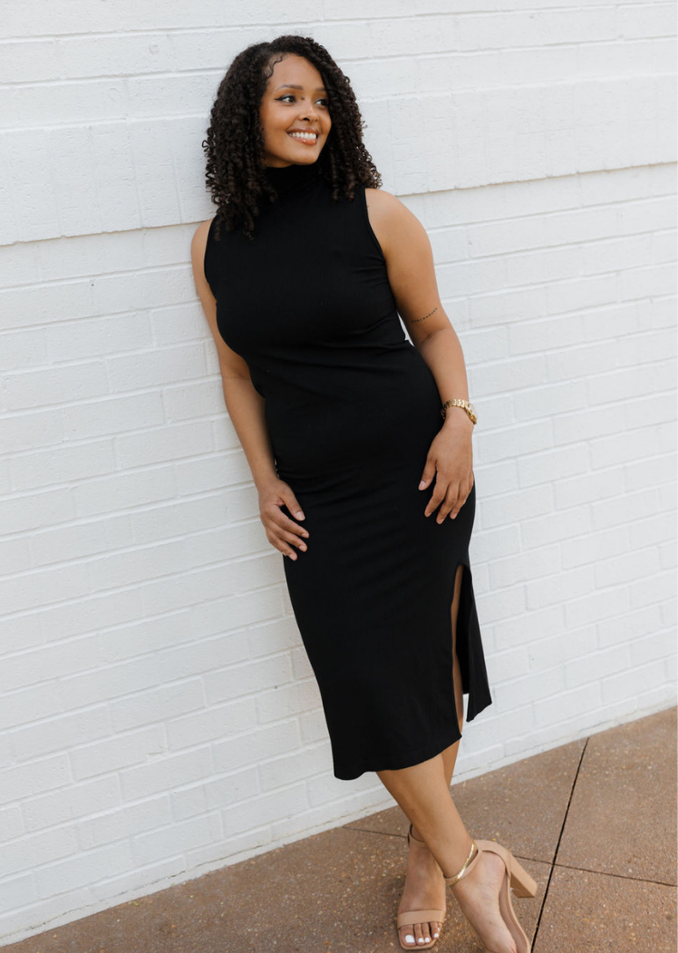 Ribbed Sleeveless Turtleneck Midi Dress Black Ribbed Sleeveless Turtleneck Midi Dress Black
