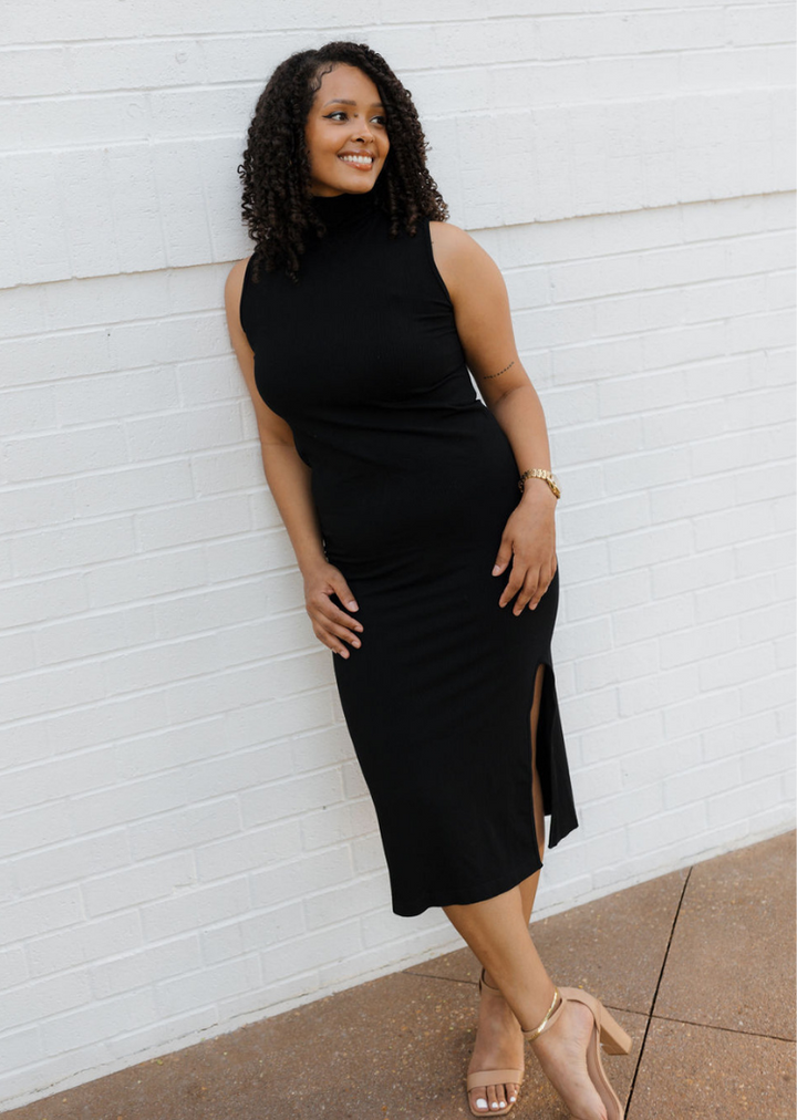 Ribbed Sleeveless Turtleneck Midi Dress Black