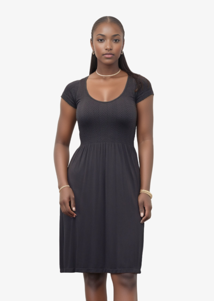 Knee Length Dress with Cap Sleeve — Charcoal / One Size