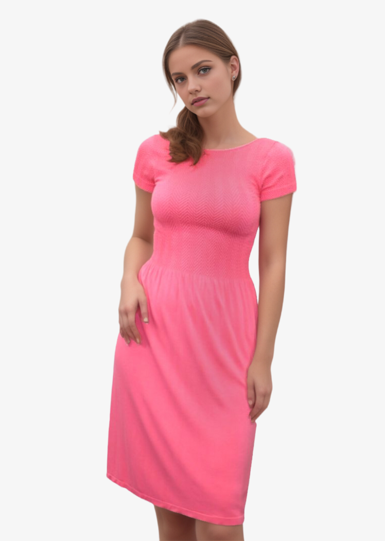 Knee Length Dress with Cap Sleeve — Coral / One Size