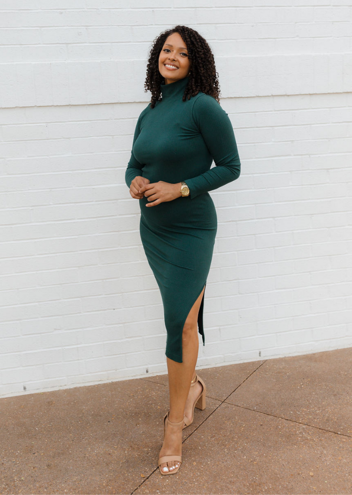 Ribbed Long Sleeve Turtleneck Midi Dress Toffee