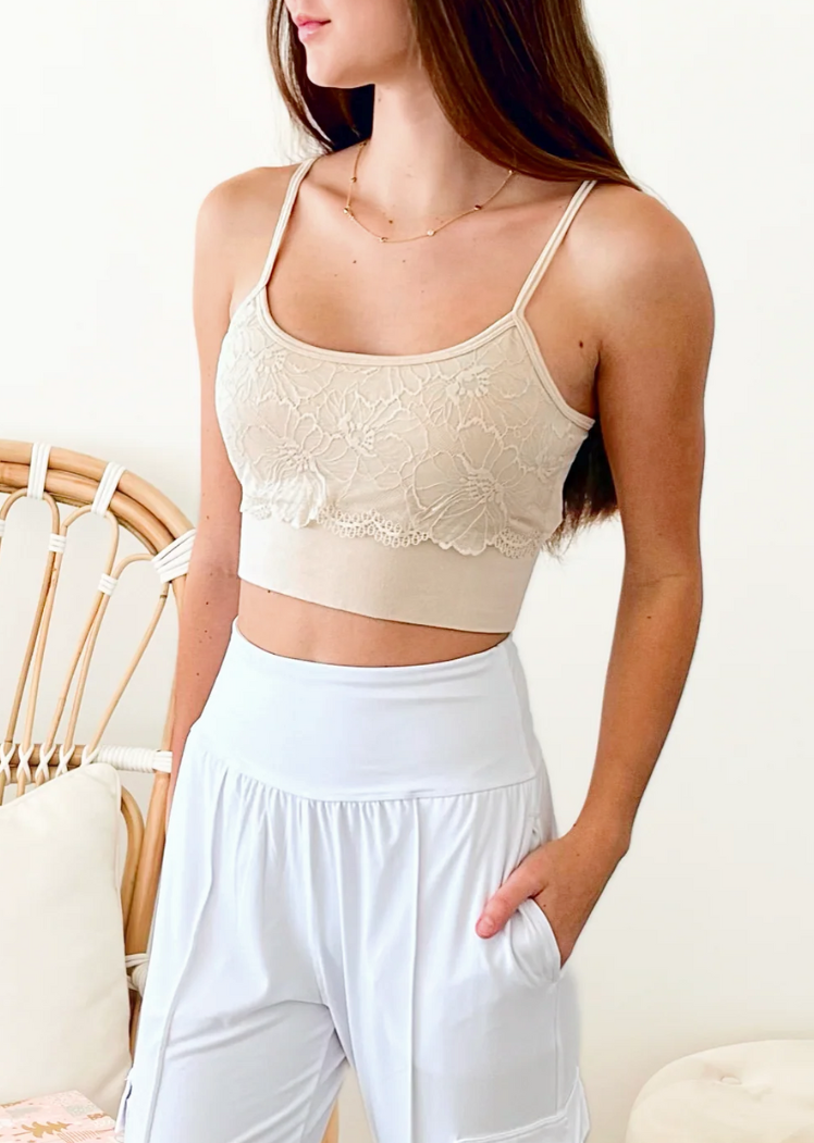 Spaghetti Strap Bra w/Lace Overlay — Almond / One Size