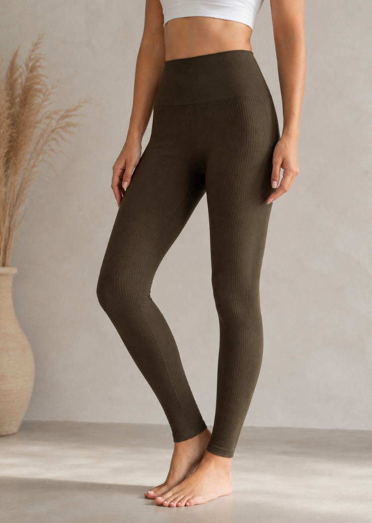 Ribbed High Waisted Leggings — Olive / Regular 0-10
