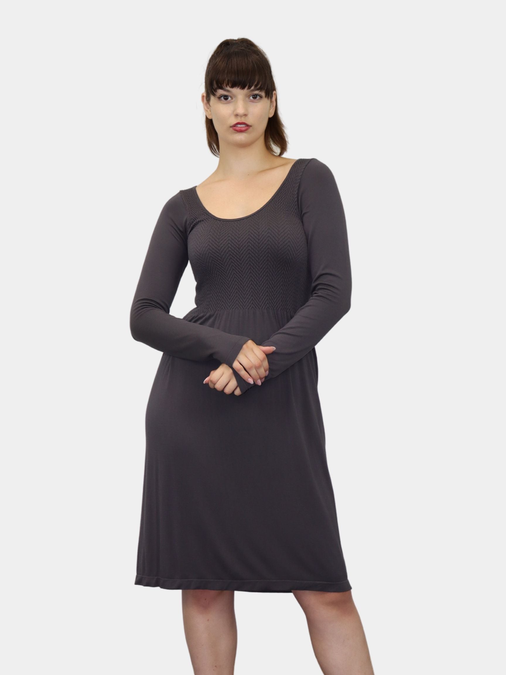 Long Sleeve Knee Length Dress — Charcoal / One Size