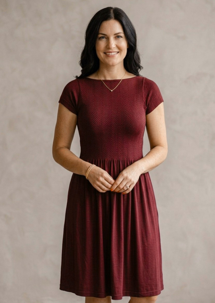 Knee Length Dress with Cap Sleeve — Burgundy / One Size
