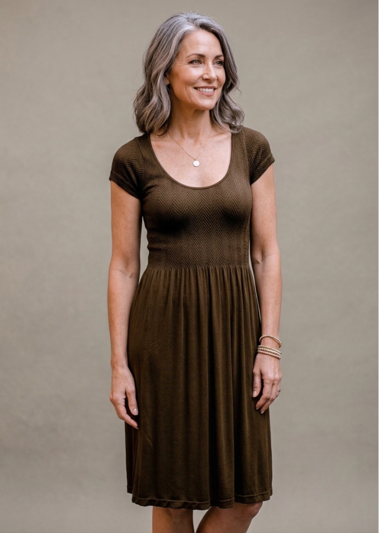 Knee Length Dress with Cap Sleeve — Chocolate / One Size