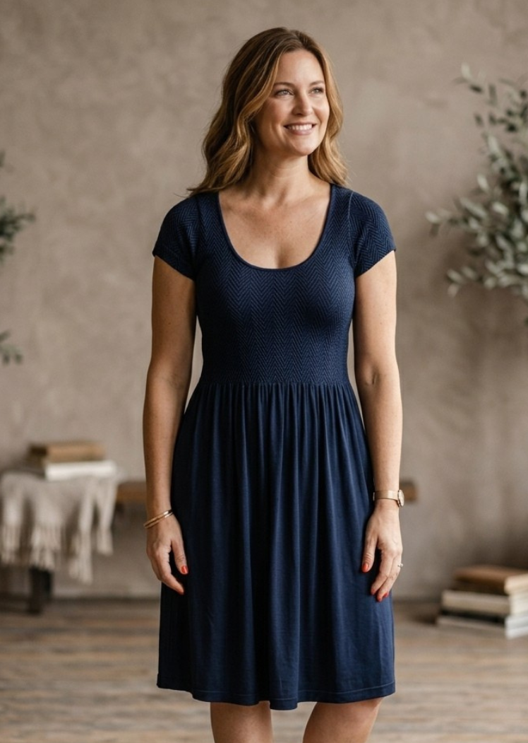 Knee Length Dress with Cap Sleeve — Navy / One Size