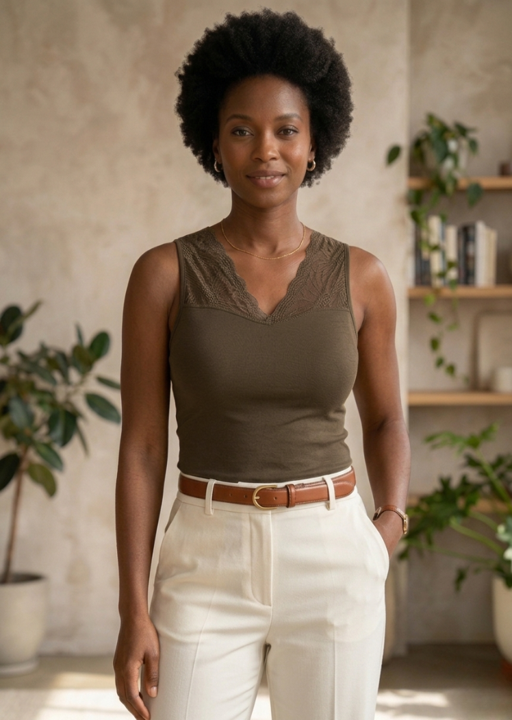 Reversible Lace Inset Top — Olive / Regular 0-12