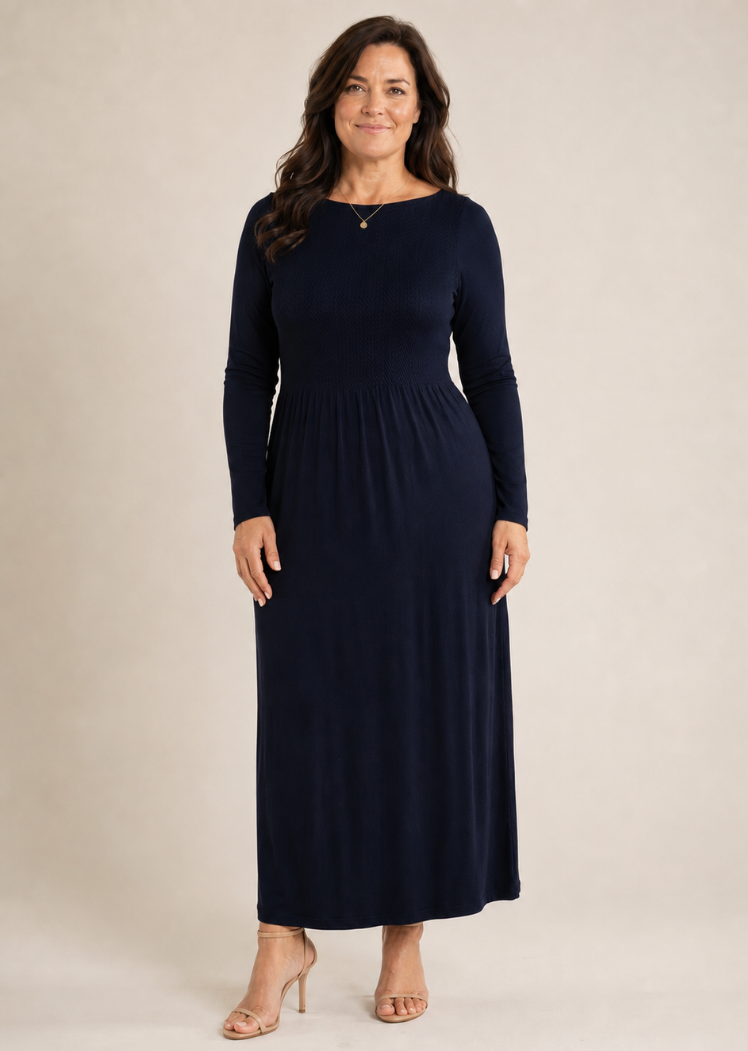 Solid Long-Sleeve Maxi Dress with Round Collar — Navy