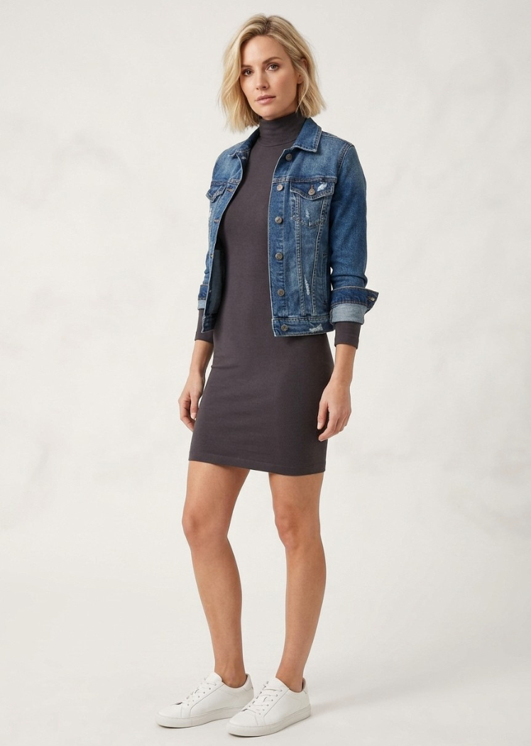 Turtleneck Solid Long Sleeve Dress — Charcoal / Regular