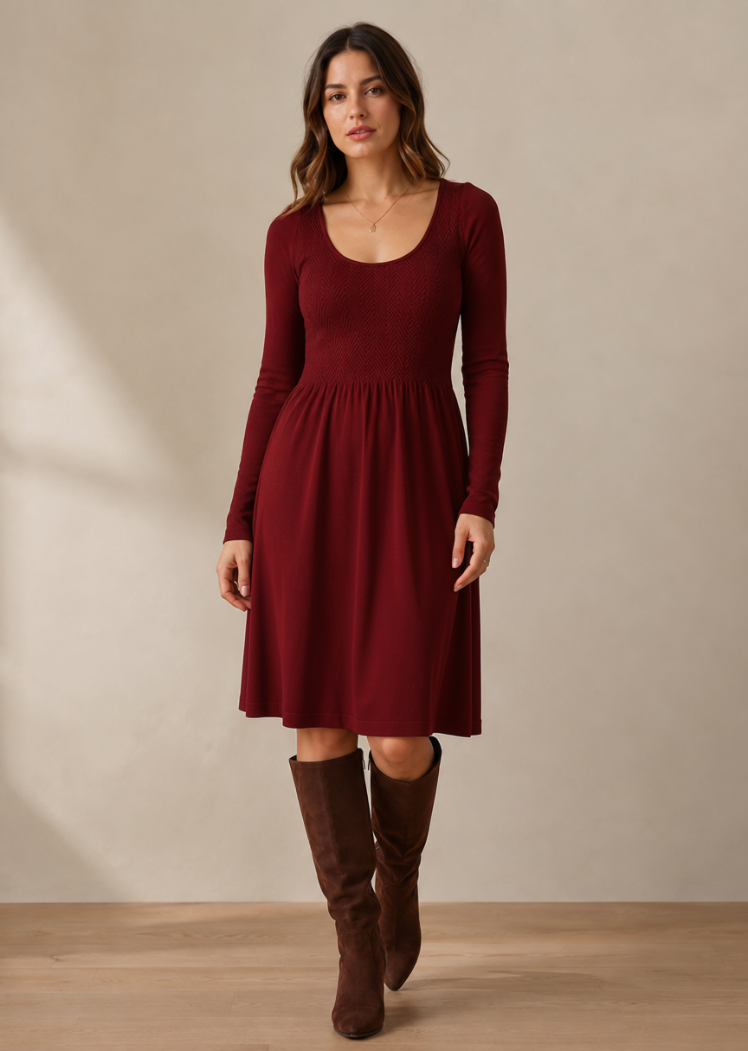 Long Sleeve Knee Length Dress — Burgundy / One Size