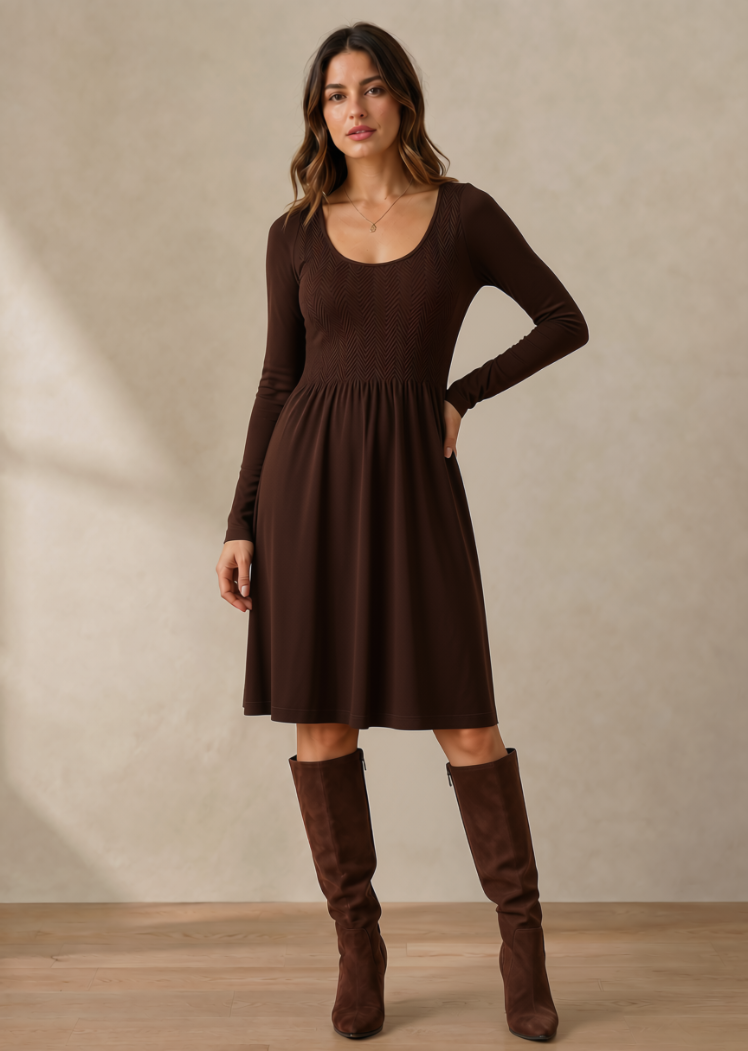 Long Sleeve Knee Length Dress — Chocolate / One Size