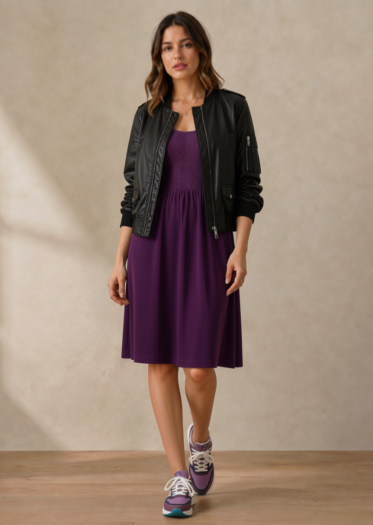 Long Sleeve Knee Length Dress — Eggplant / One Size