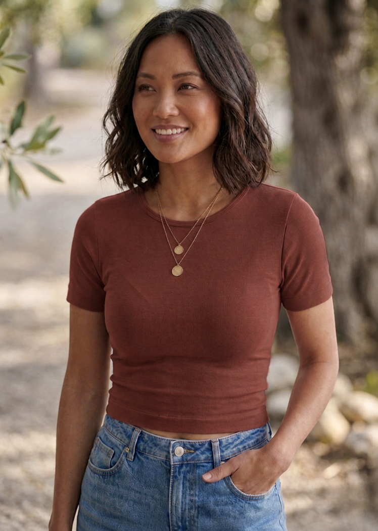 Waist Length Short Sleeve Top — Cherry Cola / Regular 0-12