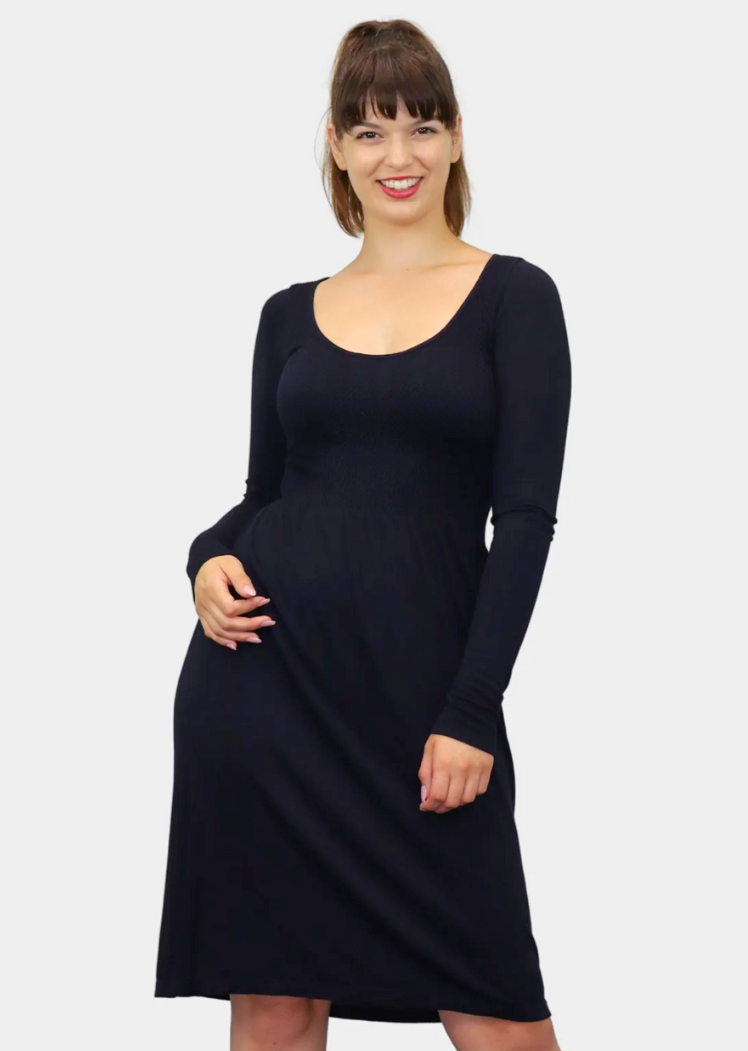 Long Sleeve Knee Length Dress — Navy / One Size