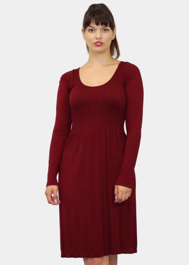 Long Sleeve Knee Length Dress — Burgundy / One Size