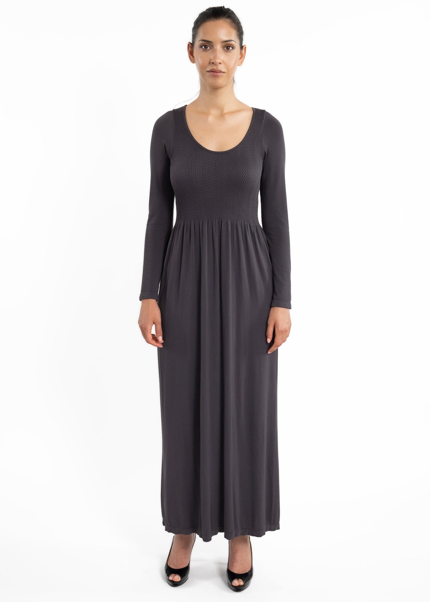 Solid Long-Sleeve Maxi Dress with Round Collar