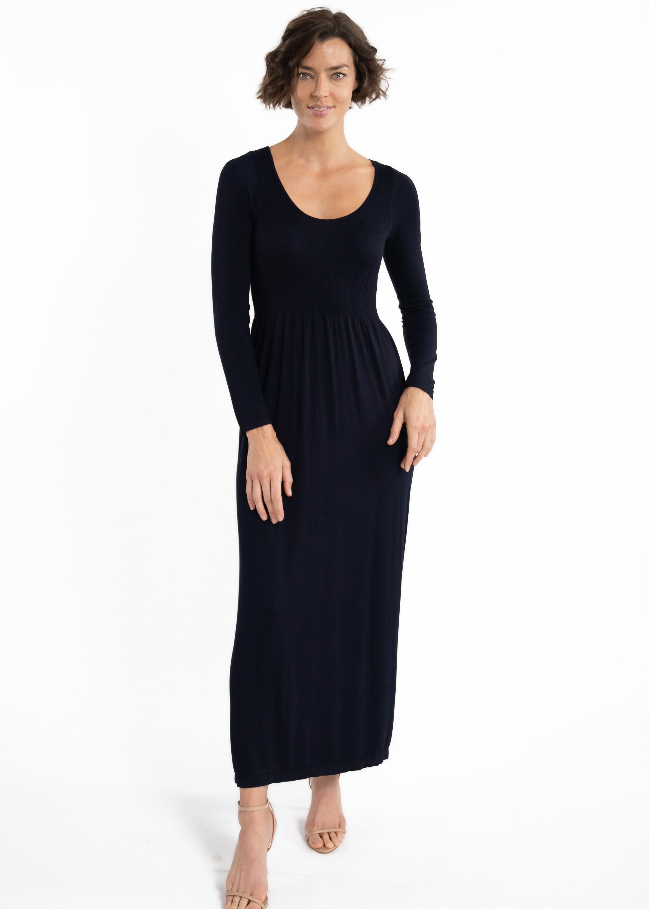 Solid Long-Sleeve Maxi Dress with Round Collar — Navy