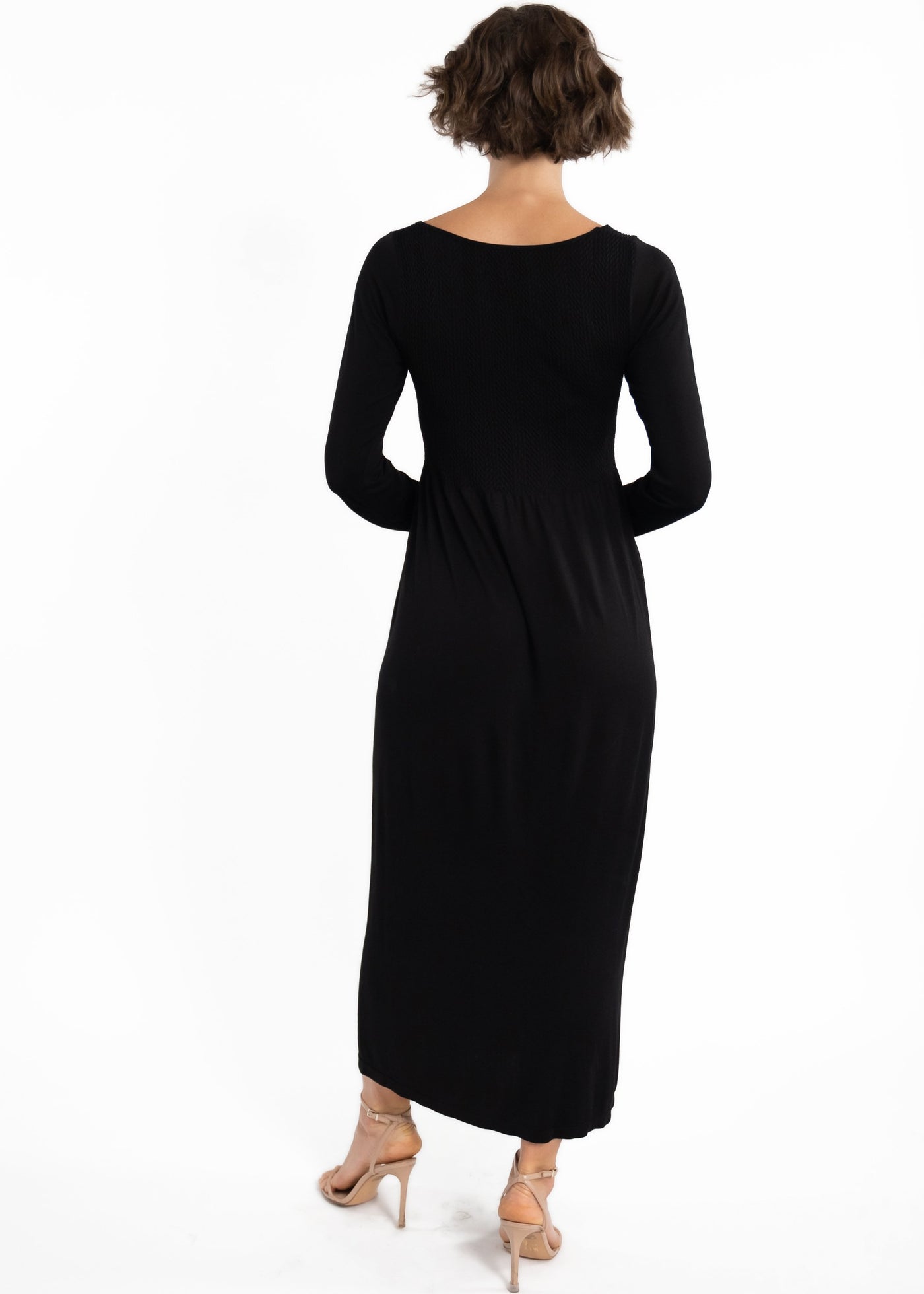 Solid Long-Sleeve Maxi Dress with Round Collar