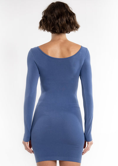 Solid Long-Sleeve Dress with Round Collar