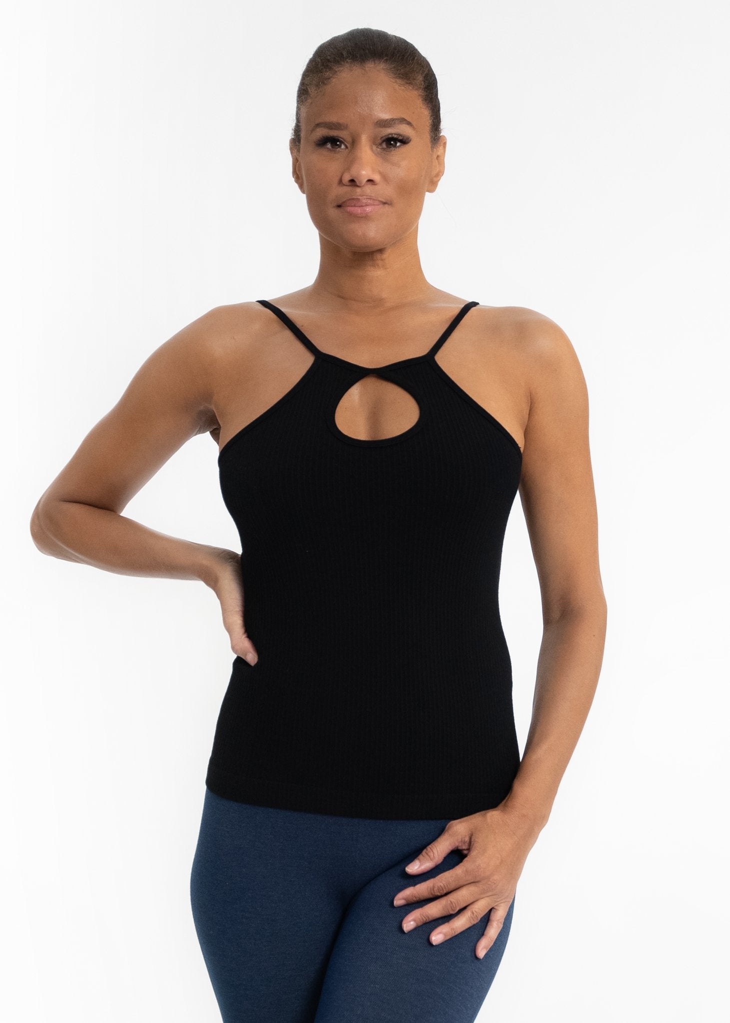 Ribbed Keyhole Cami — Black / One Size